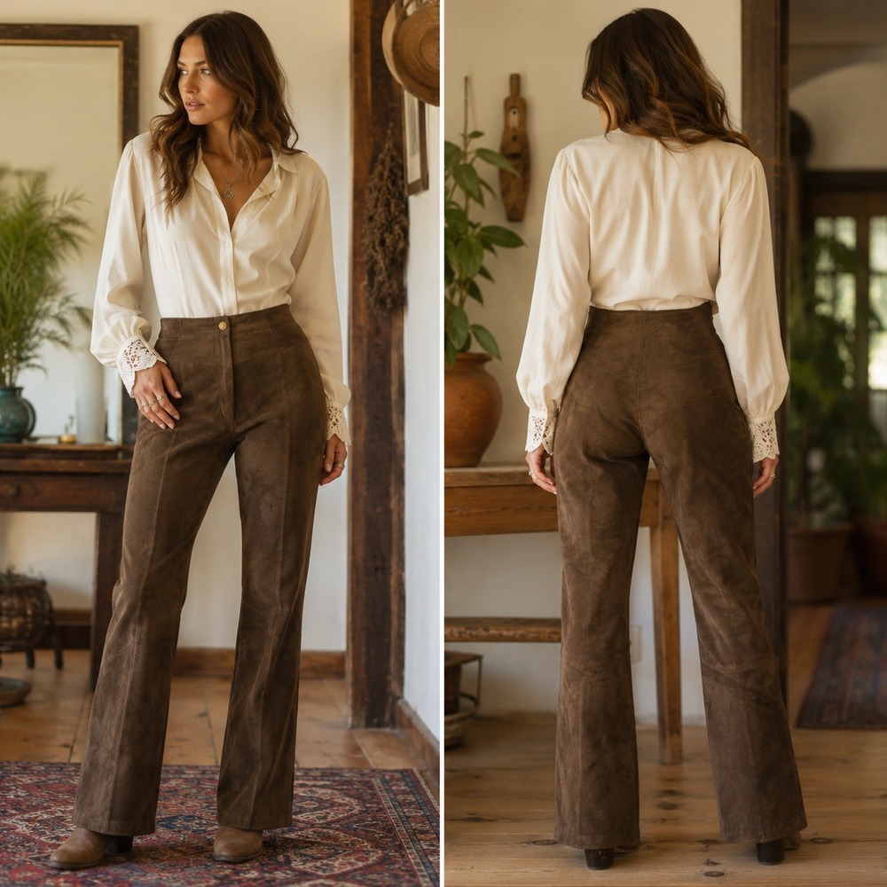 Vintage Lady Californian Suede Leather Pants Brown High Waist Bootcut Womens 6